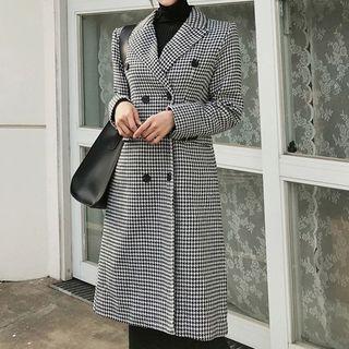 Plaid Double-breasted Coat/ Turtleneck Ribbed Long-sleeve Knit Top