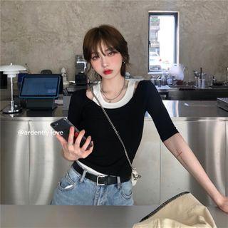 Mock Two-piece Short-sleeve Slim-fit Top Black - One Size