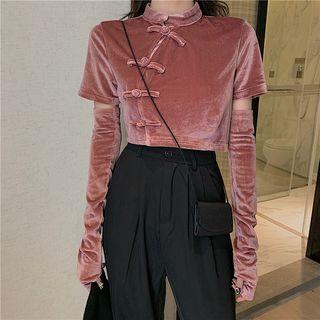 Plain Short-sleeve Corduroy Hanfu Top With Fingerless Gloves