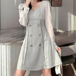 Chiffon-sleeve Double-breasted Plaid A-line Dress