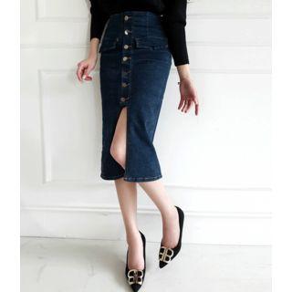 Buttoned Slit-front H-line Denim Skirt