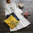 Long-sleeve Drawstring-waist Embroidered Dress