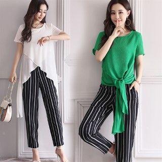 Set: Short-sleeve Tie-front Top + Pants