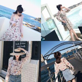Floral Long-sleeve A-line Dress / Blouse / Strappy Dress