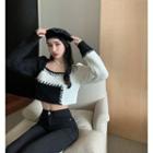 Long-sleeve Color Block Cropped Knit Top Black & White - One Size
