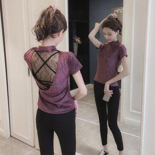 Lace Panel Mock Neck Short-sleeve T-shirt