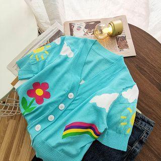 Printed Short-sleeve Cardigan Blue - One Size