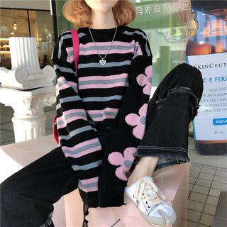Striped Long-sleeve Loose-fit Knit Top Black - One Size