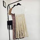 Set: Plain Short-sleeve T-shirt + Crochet Lace Spaghetti Strap Dress