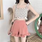 Lace Trim Open Front Light Jacket / Dotted Cropped Camisole Top / Ruffle Hem High-waist Shorts