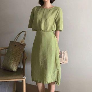 Plain Short-sleeve Mock Two-piece Dress