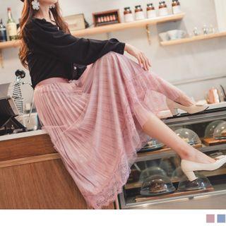 Lace Trim Pleated Mesh Velvet A-line Skirt