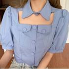 Puff-sleeve Square-neck Buttoned Crop Top