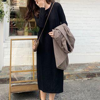 Long-sleeve Ribbed Midi T-shirt Dress Black - One Size