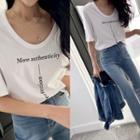 Elbow-sleeve Padded-shoulder Letter T-shirt Ivory - One Size