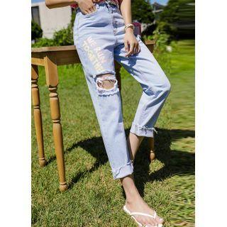 Letter Fringed Straight-leg Jeans