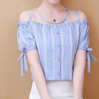 Mesh Panel Cold-shoulder Short-sleeve Blouse