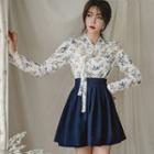Set: Hanbok Top (floral / Ivory) + Skirt (mini / Navy Blue)