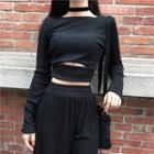 Long-sleeve Cropped Cutout T-shirt Black - One Size
