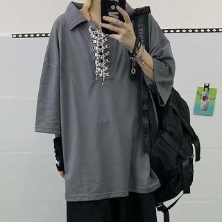 Couple Matching Elbow-sleeve Lace-up Polo Shirt