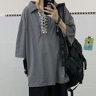 Couple Matching Elbow-sleeve Lace-up Polo Shirt
