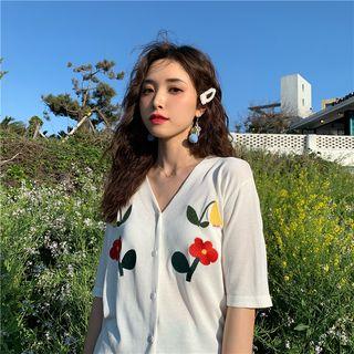 Elbow-sleeve Flower Embroidered Cardigan