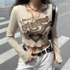 Bell-sleeve V-neck Lettering Print Vintage Crop Top