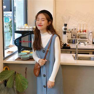 Mock Neck Knit Top / V-neck Buttoned Knit Jumper Dress