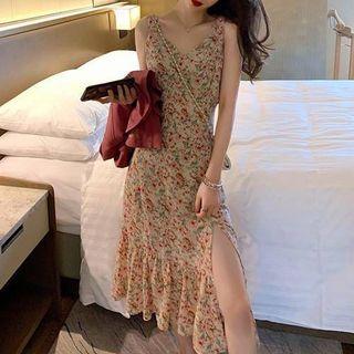 Floral Print Sleeveless Slit Chiffon Dress