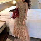 Floral Print Sleeveless Slit Chiffon Dress