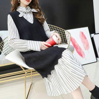 Set: Cable Knit Long Vest + Long-sleeve Striped Midi Shirtdress