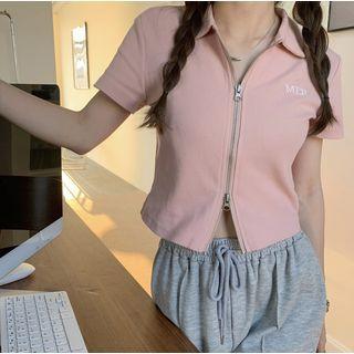 Short-sleeve Embroidered Zip Cropped Top