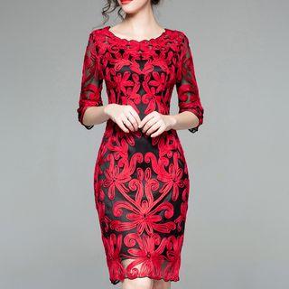 Elbow-sleeve Floral Embroidered Cocktail Dress