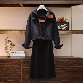 Set: Button Denim Jacket + Sleeveless Midi A-line Dress