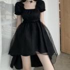 Puff-sleeve Asymmetric Mini A-line Dress