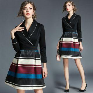 V-neck Gather-waist Panel A-line Dress