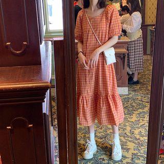 Elbow-sleeve Buttoned Plaid A-line Midi Dress Plaid - Tangerine - One Size