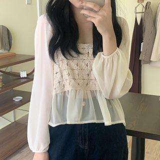 Long-sleeve Knit Panel Chiffon Peplum Top