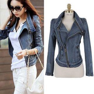 Long-sleeved Collared Denim Slim Zip Jackets