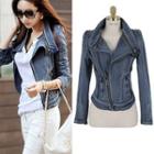 Long-sleeved Collared Denim Slim Zip Jackets