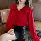 Frilled Trim Lace-up Chiffon Blouse Wine Red - One Size