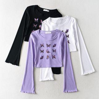 Bell-sleeve Butterfly Print Ruffled-trim Crop Top