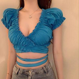 Short-sleeve Shirred Cropped Blouse Blue - One Size