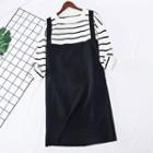 Mock Two-piece Short-sleeve Knit Dress Stripes - Black & White - One Size
