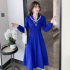 Puff-sleeve Bow Midi Knit Dress