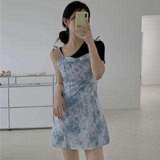 Short-sleeve One-shoulder Top / Spaghetti Strap Tie-dye Mini Sheath Dress