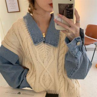Long-sleeve Cable-knit Loose-fit Denim Shirt