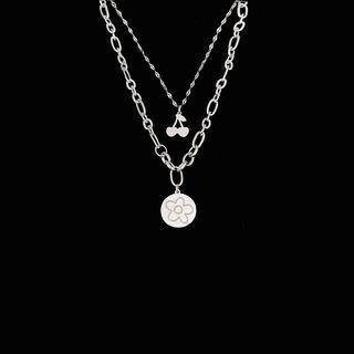 Flower & Cherry Pendant Layered Stainless Steel Necklace Silver - One Size