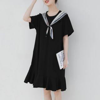 Short-sleeve Tie-neck Midi Mermaid Dress Black - One Size