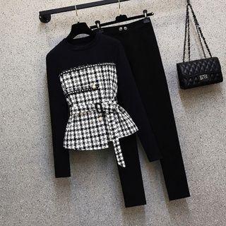 Long-sleeve Houndstooth Belted Blouse / Dress Pants / Set